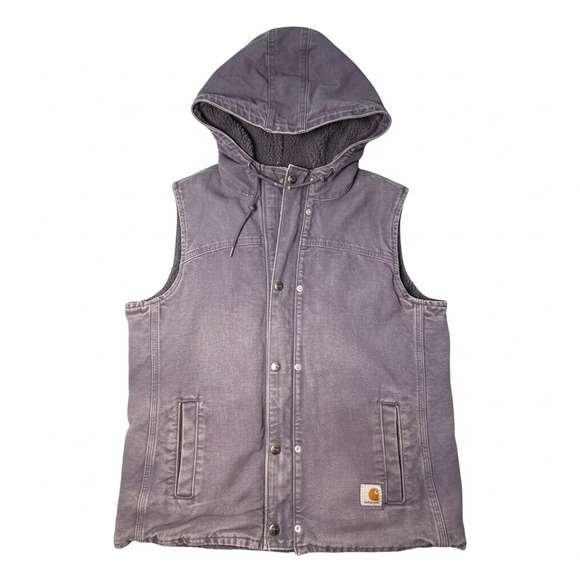 Carhartt Jackets & Blazers - Vtg Carhartt Women's Sandstone Duck Sherpa Lined Hooded Vest Faded Gray Lilac